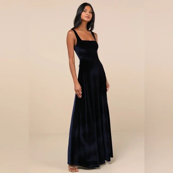 Graceful Invite Navy Blue Velvet Square Neck Lace-Up Maxi Dress - Picture 4 of 4